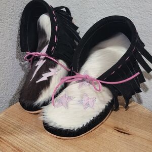 Black and White Cowhide Moccasins with Pink Accents